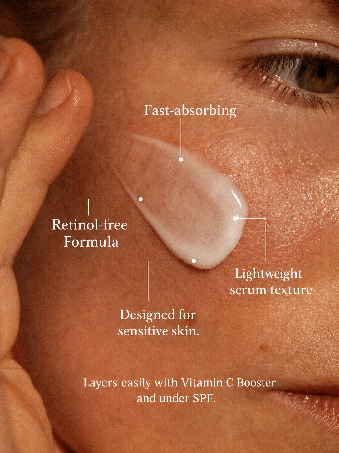 Lightweight fast-absorbing texture of 28N A⁶ retinol-free anti-ageing serum for sensitive skin
