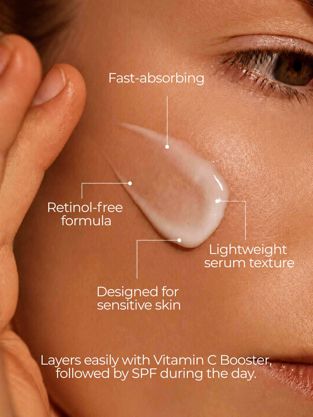 Lightweight fast-absorbing texture of 28N A⁶ retinol-free anti-ageing serum designed for sensitive skin