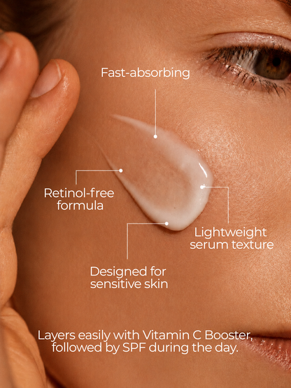 Lightweight fast-absorbing texture of 28N A⁶ retinol-free anti-ageing serum designed for sensitive skin