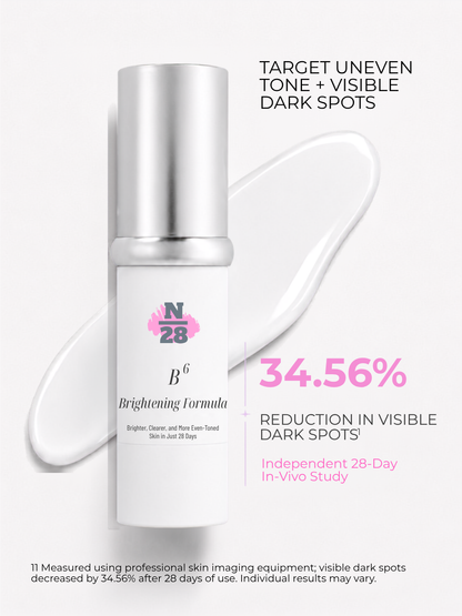 28N B⁶ Brightening Formula showing 34.56% reduction in visible dark spots after 28 days