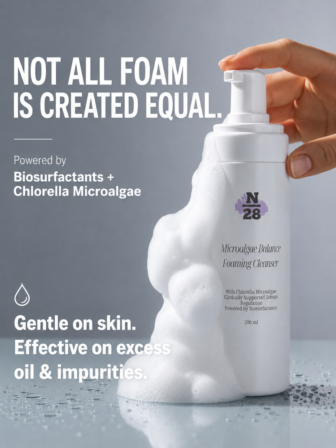 28N foaming cleanser powered by biosurfactants and Chlorella microalgae for gentle cleansing of excess oil and impurities