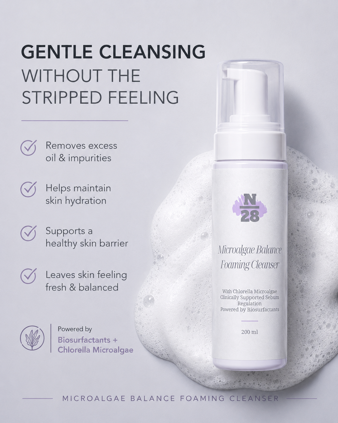 28N Microalgae Foaming Cleanser gently removes excess oil and impurities while helping maintain hydration and the skin barrier