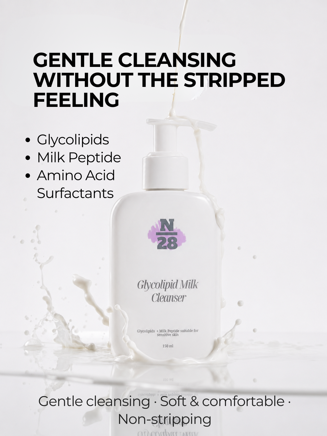 28N Glycolipid Milk Cleanser with glycolipids, milk peptide and amino acid surfactants for gentle non-stripping cleansing