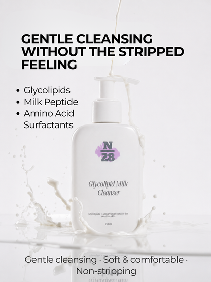 28N Glycolipid Milk Cleanser with glycolipids, milk peptide and amino acid surfactants for gentle non-stripping cleansing