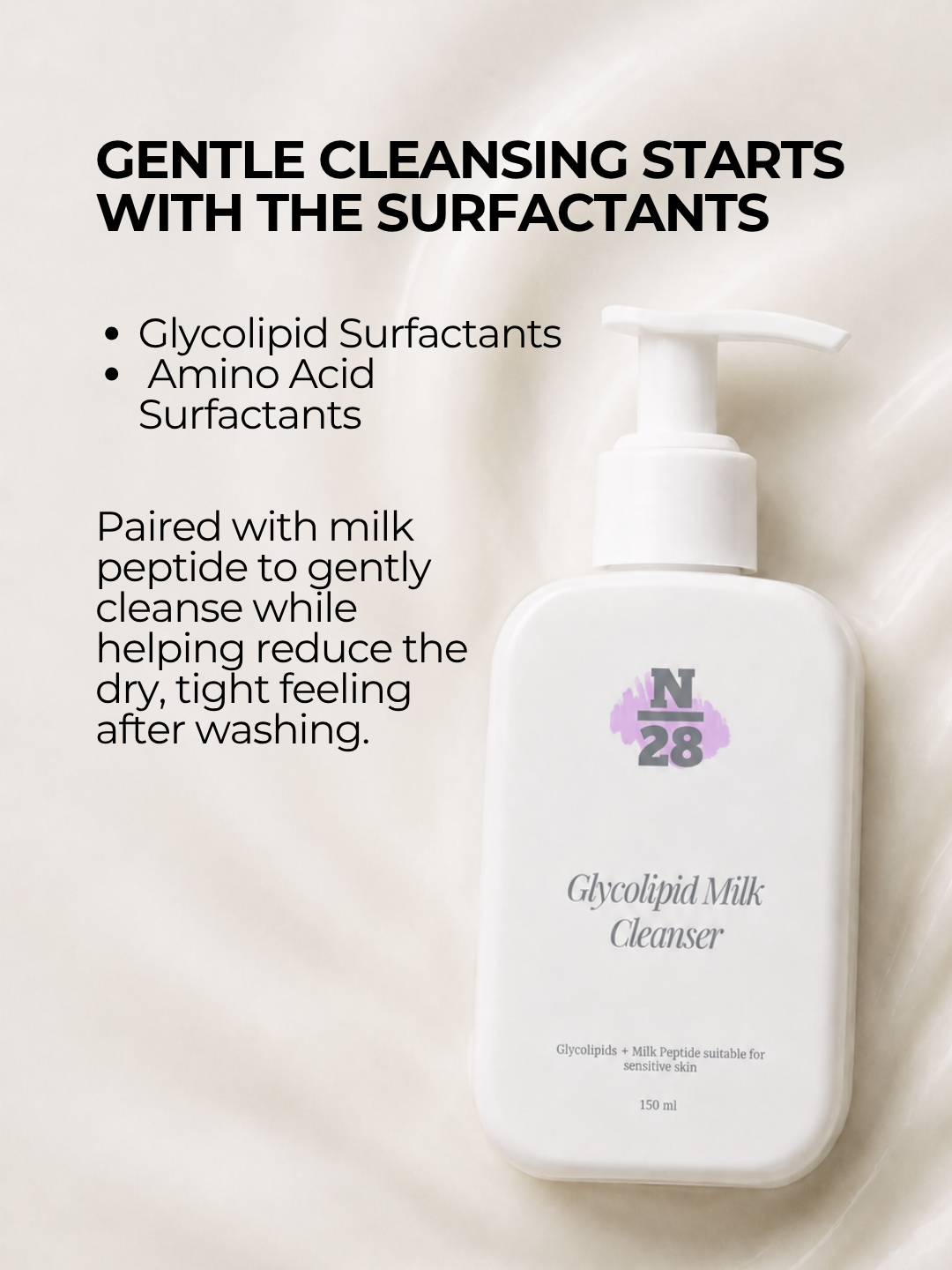 28N Glycolipid Milk Cleanser with glycolipid and amino acid surfactants plus milk peptide for soft comfortable cleansing