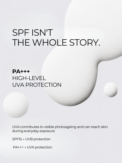 SPF15 and PA+++ explained in 28N Urban Daily Defence, with SPF for UVB protection and PA+++ for UVA protection